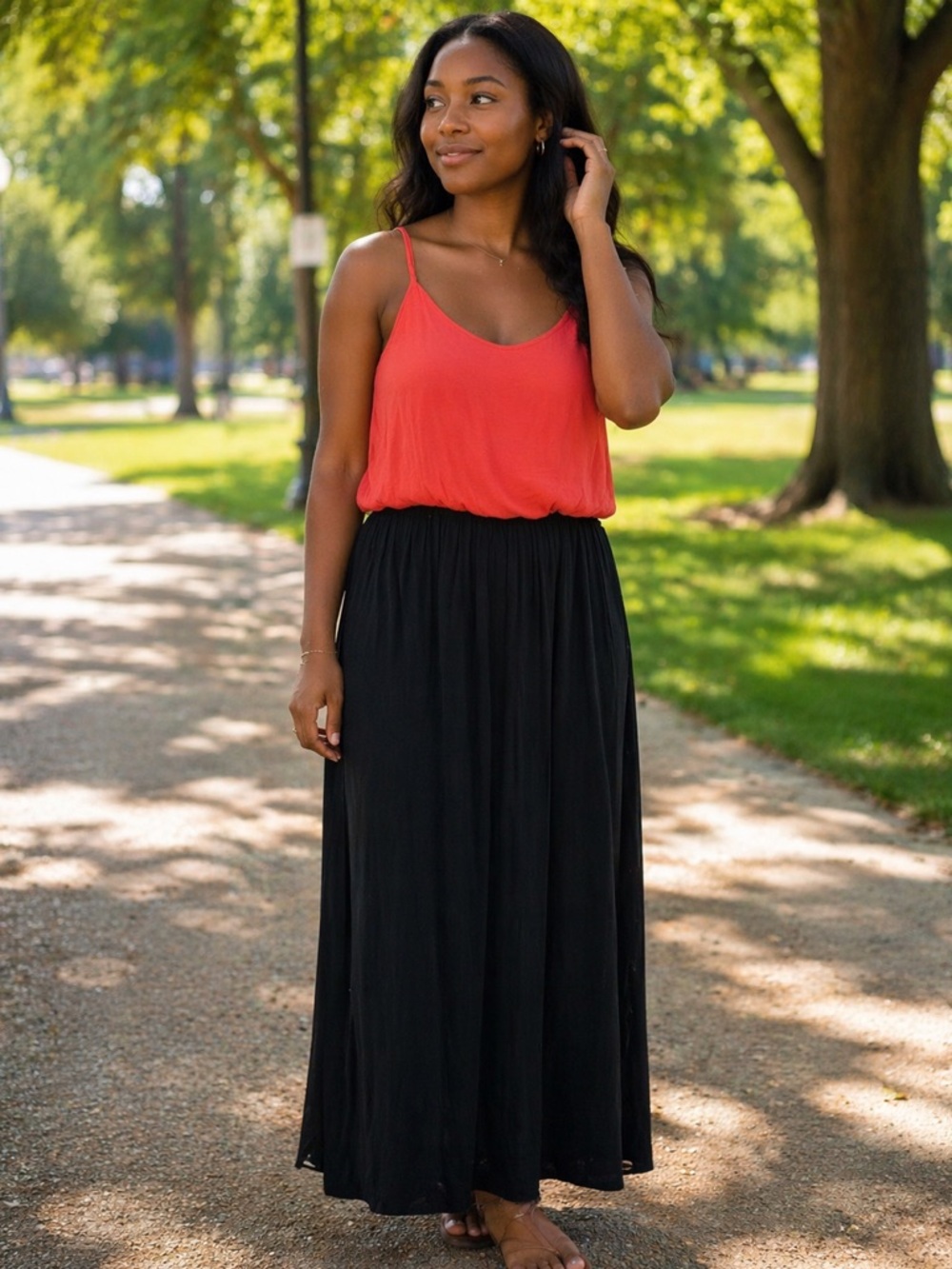 Spaghetti-Strap Two-Tone Maxi Dress in Coral and Black